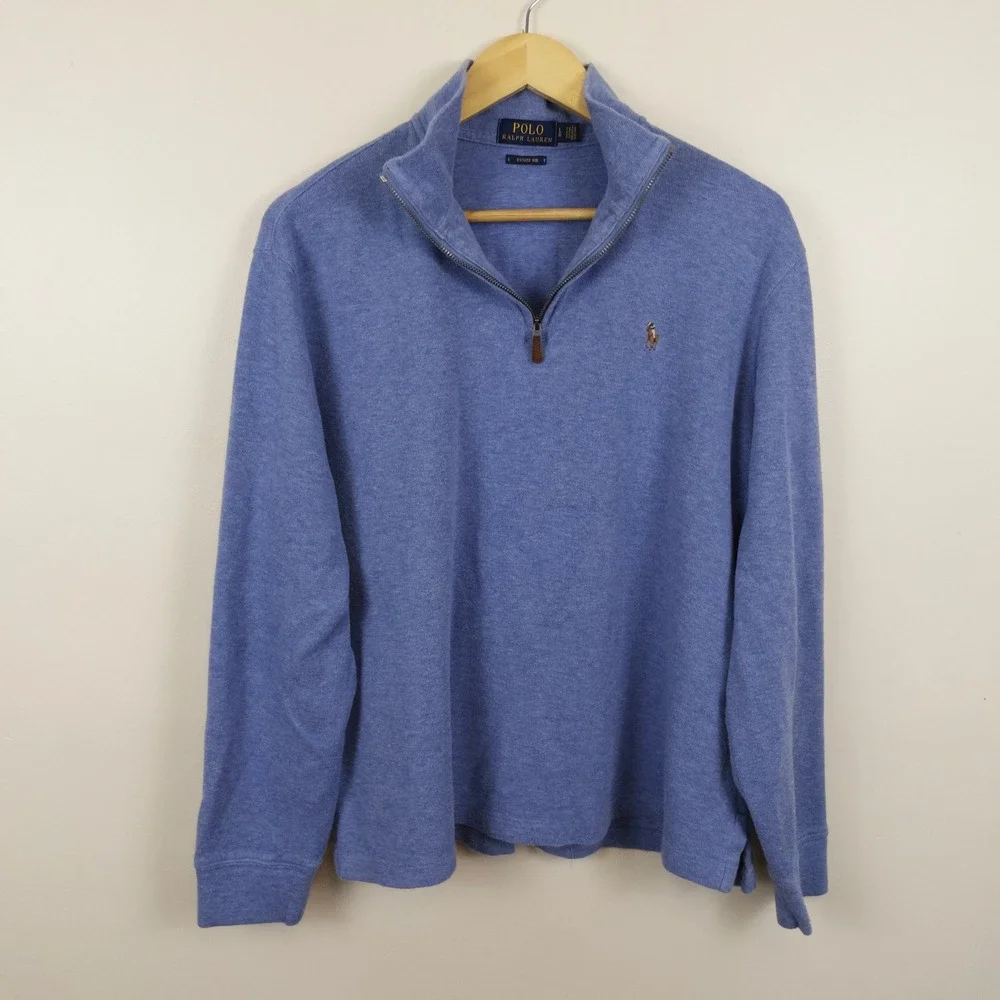 Polo Ralph Lauren Estate-Rib Quarter-Zip Blue Heather Pullover Sweater Men Large